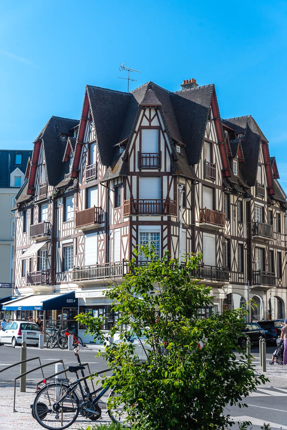 Row of traditional half-timbered houses with white walls and dark wood beams along a sunny street.